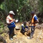 SELA technicians carrying out a dynamic cone penetrometer (DCP) test along the Gehwee Junction – Gbedin Falls road alignment, Nimba County